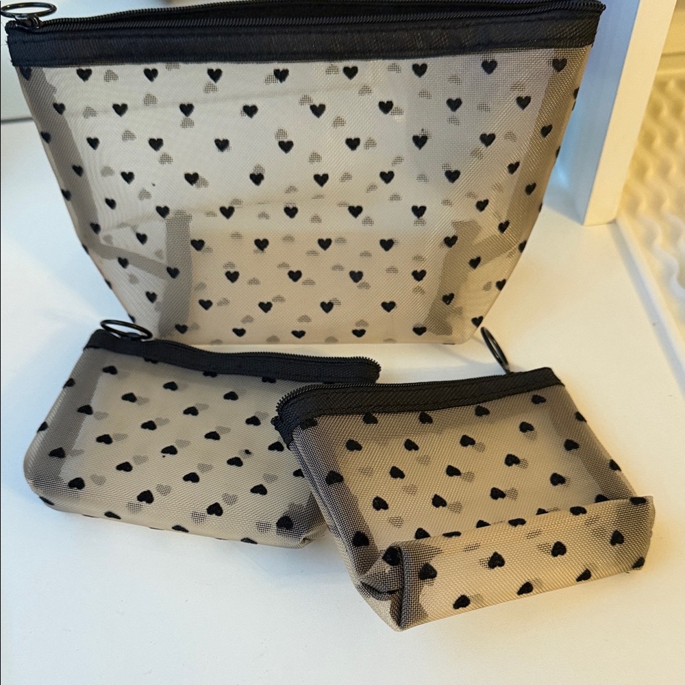 Set of 3 Black Heart Mesh Cosmetic Pouches